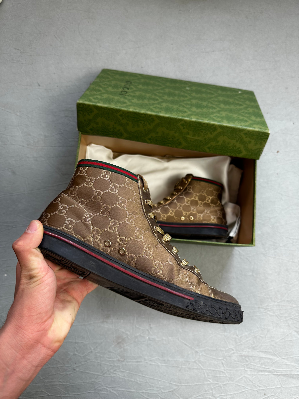 Golden High Top Gucci Monogram Sneaker (37 WOMEN)