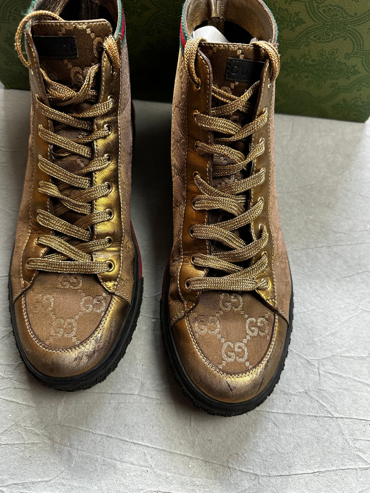 Golden High Top Gucci Monogram Sneaker (37 WOMEN)
